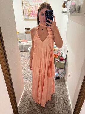 Mango Peach Halter Pleated Maxi Dress